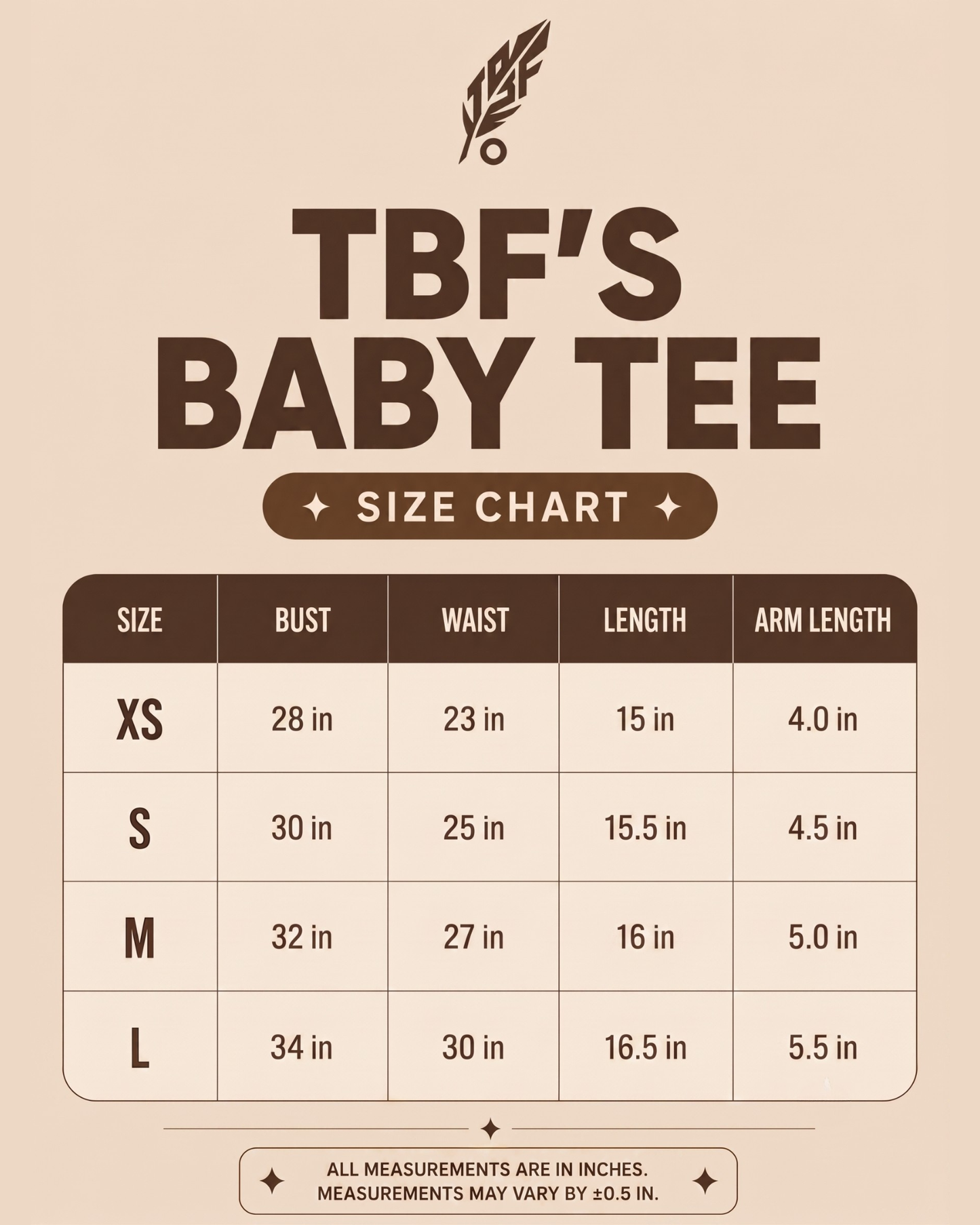 A size chart graphic for TBF's Baby Tee, showing a table with sizes XS through L and measurements for bust, waist, length, and arm length on a beige background.
