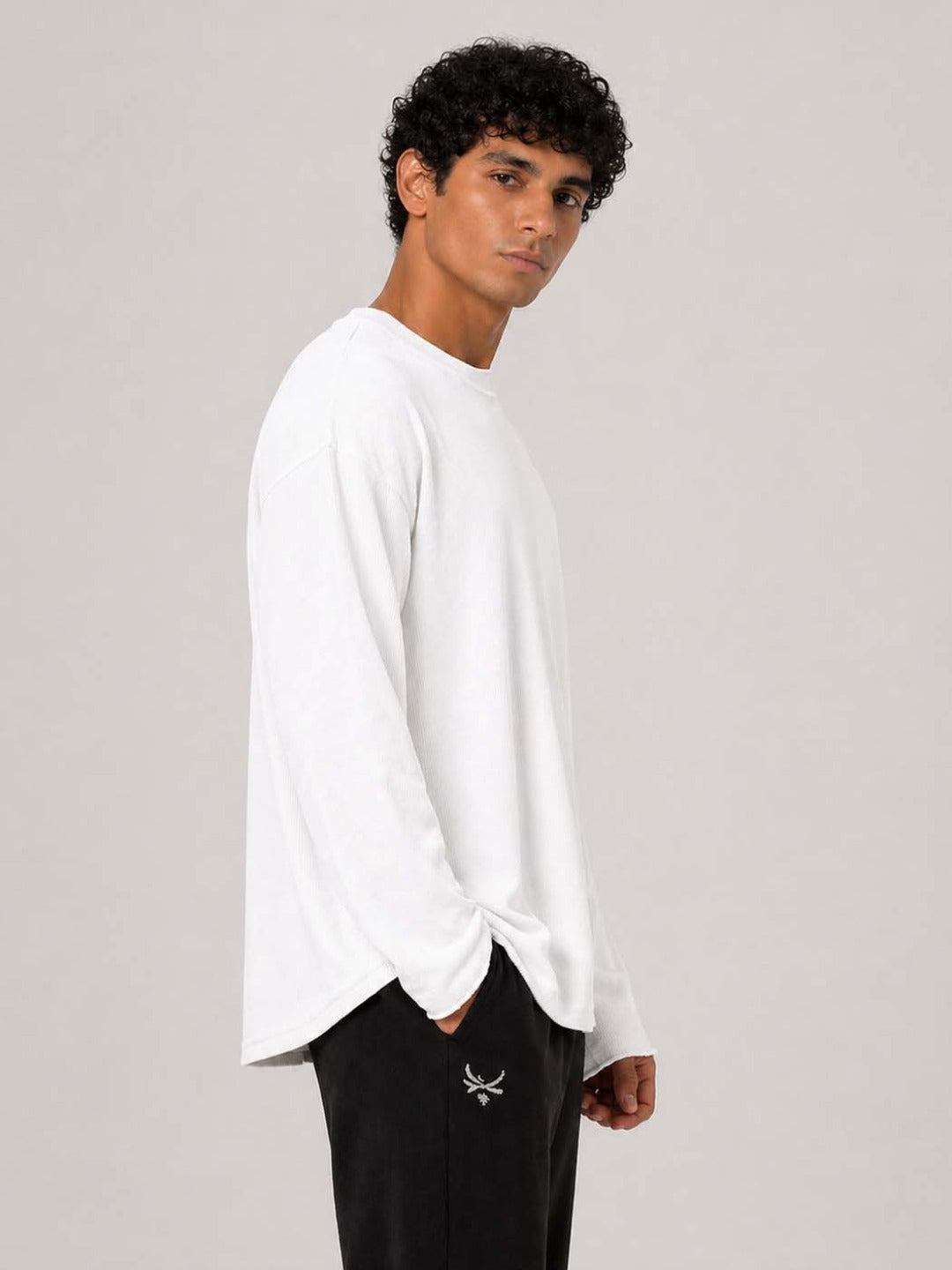 Oversized Waffle Knit Full Sleeve Tee - White