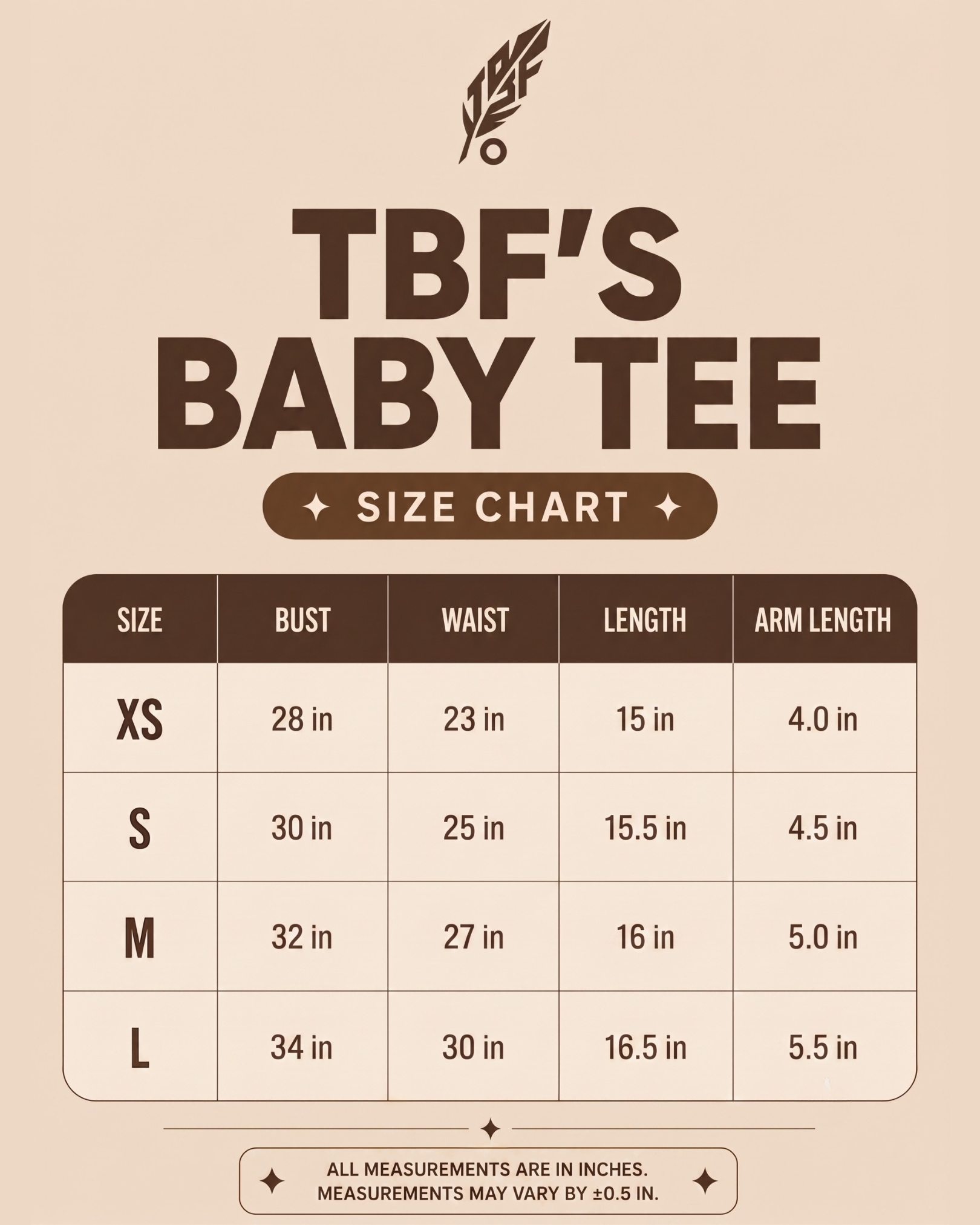 A size chart graphic for TBF's Baby Tee, showing a table with sizes XS through L and measurements for bust, waist, length, and arm length on a beige background.