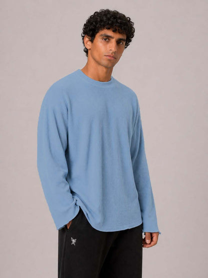 Oversized Waffle Knit Full Sleeve Tee - Blue