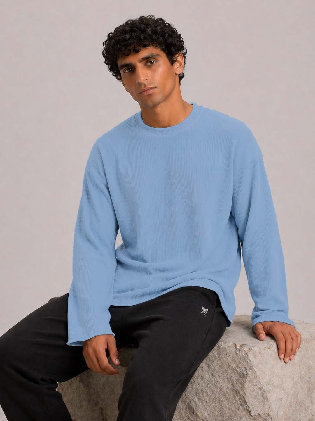 Oversized Waffle Knit Full Sleeve Tee - Blue