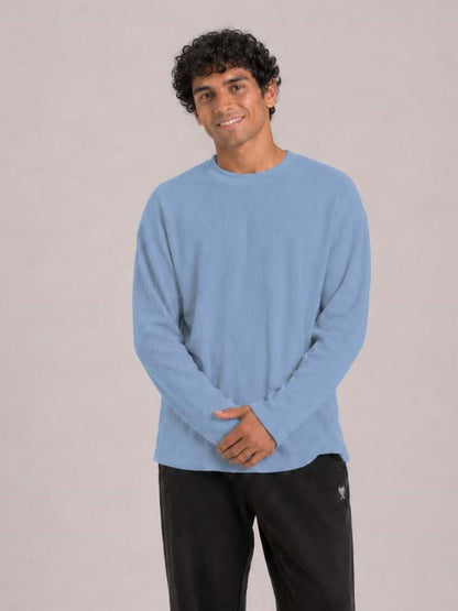 Oversized Waffle Knit Full Sleeve Tee - Blue