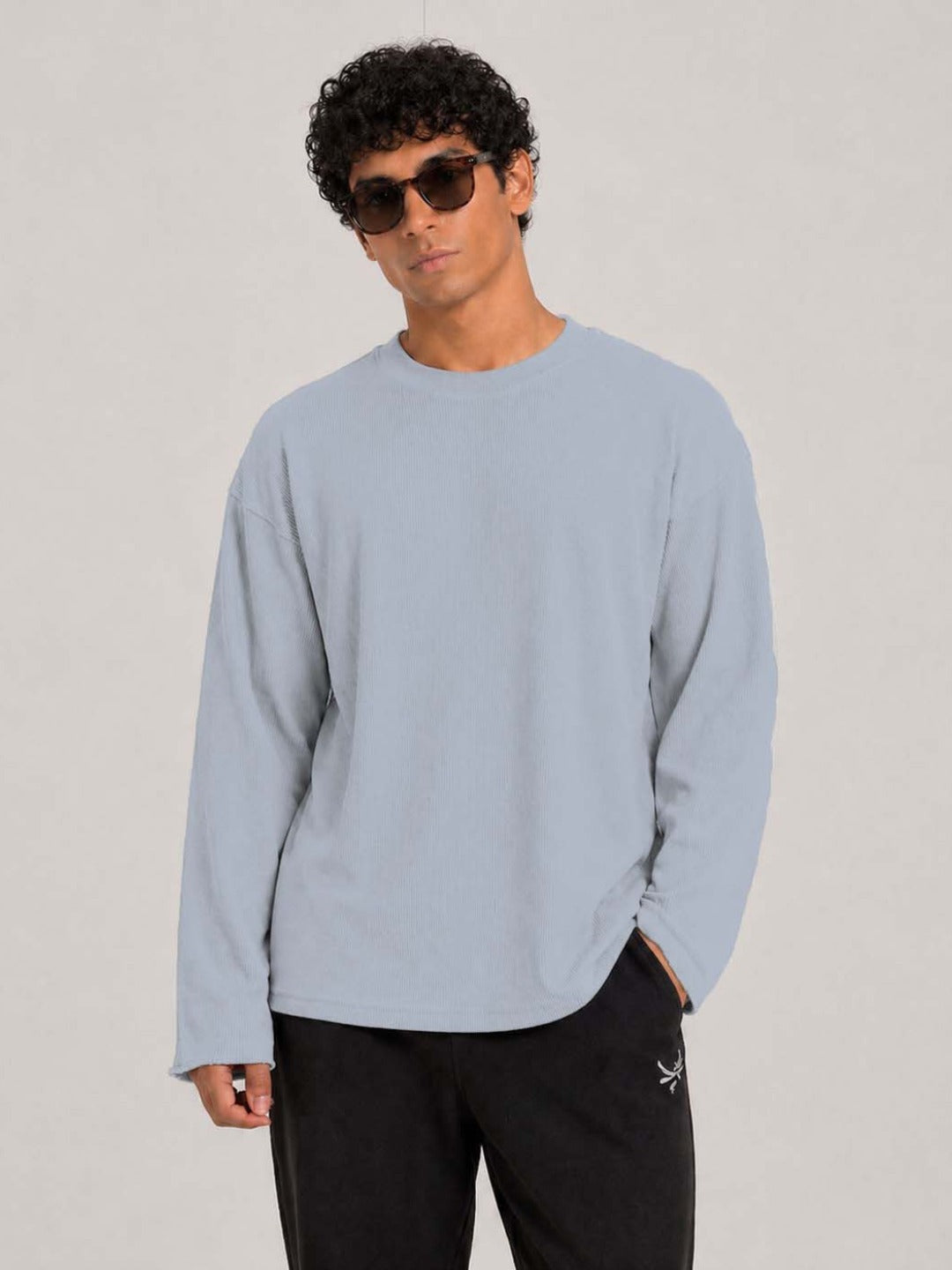 Oversized Waffle Knit Full Sleeve Tee -Grey
