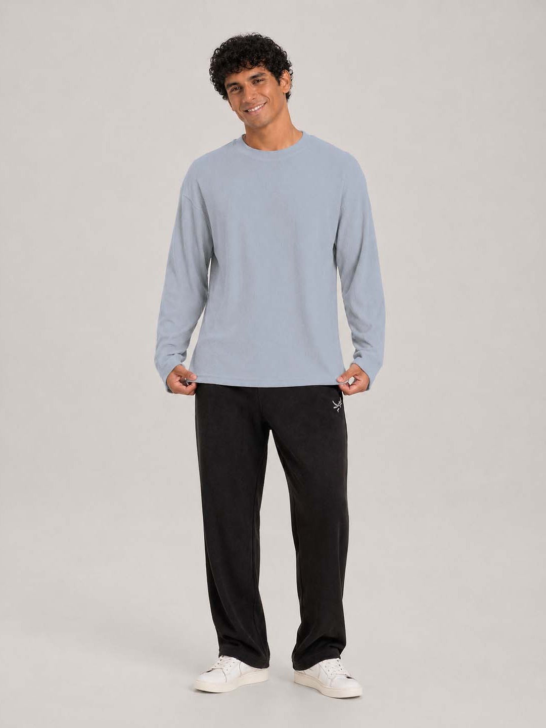 Oversized Waffle Knit Full Sleeve Tee -Grey