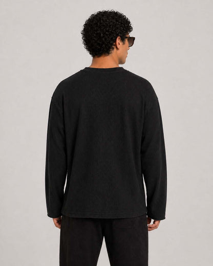 Oversized Waffle Knit Full Sleeve Tee - Black