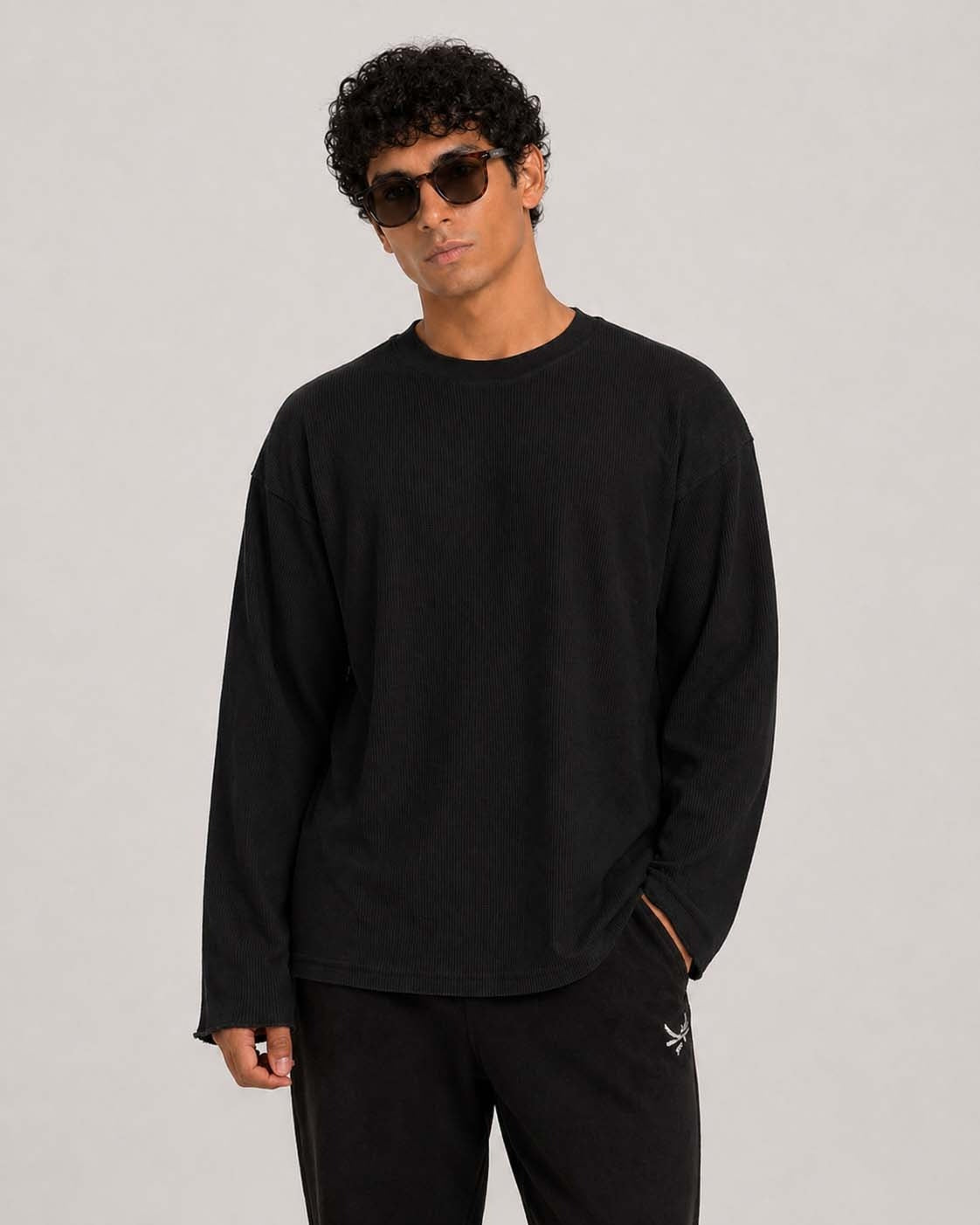 Oversized Waffle Knit Full Sleeve Tee - Black