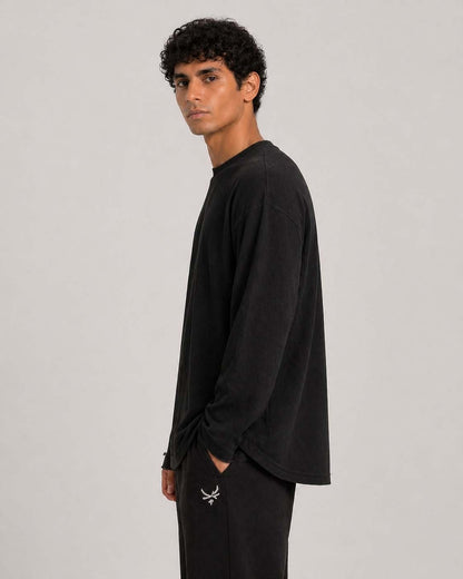Oversized Waffle Knit Full Sleeve Tee - Black