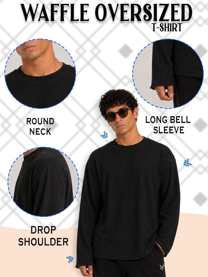 Oversized Waffle Knit Full Sleeve Tee - Black