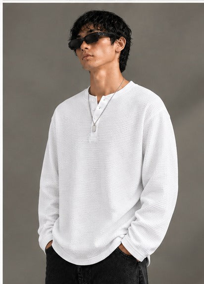 Oversized Henley Full Sleeve Tee - White