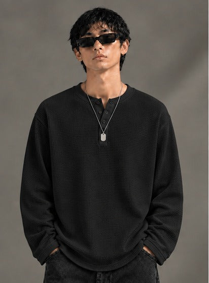 Oversized Henley Full Sleeve Tee - Black