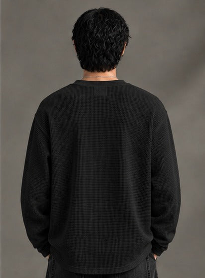 Oversized Henley Full Sleeve Tee - Black