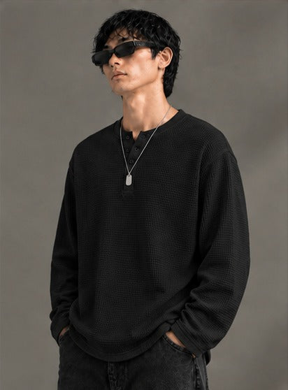 Oversized Henley Full Sleeve Tee - Black