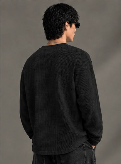 Oversized Henley Full Sleeve Tee - Black