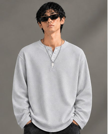 Oversized Henley Full Sleeve Tee - Grey