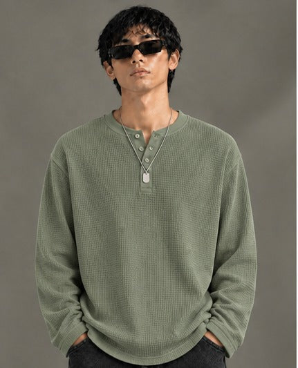 Oversized Henley Full Sleeve Tee - Green