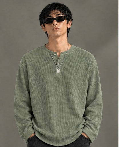 Oversized Henley Full Sleeve Tee - Green