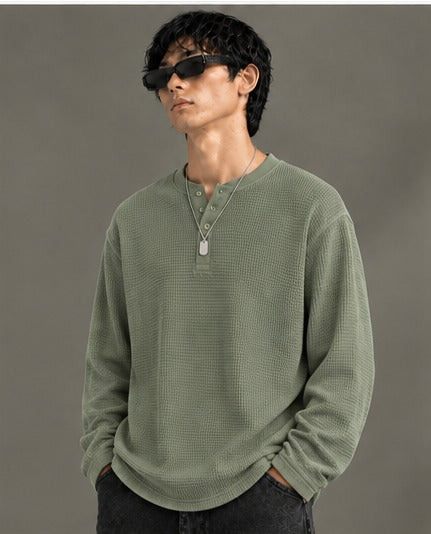 Oversized Henley Full Sleeve Tee - Green