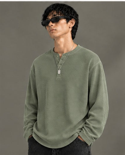 Oversized Henley Full Sleeve Tee - Green