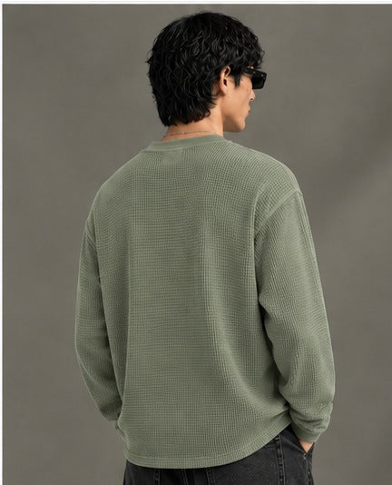 Oversized Henley Full Sleeve Tee - Green