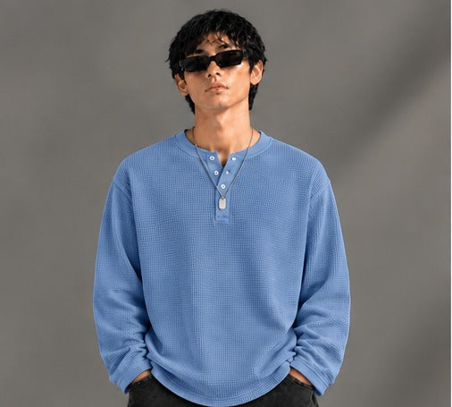 Oversized Henley Full Sleeve Tee - Blue