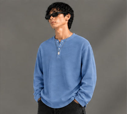 Oversized Henley Full Sleeve Tee - Blue