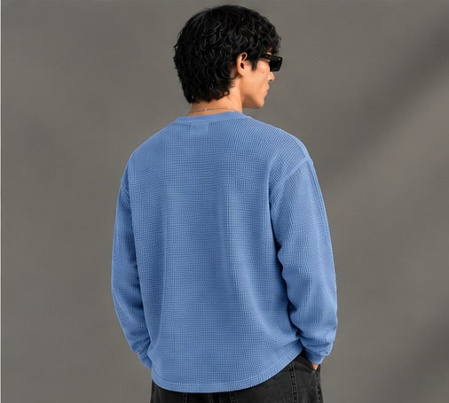 Oversized Henley Full Sleeve Tee - Blue